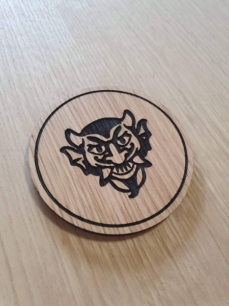 Laser cut wooden coaster personalised. vigor devil's kiss