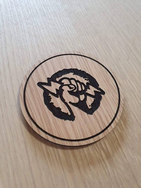 Laser cut wooden coaster personalised. vigor shock jockey
