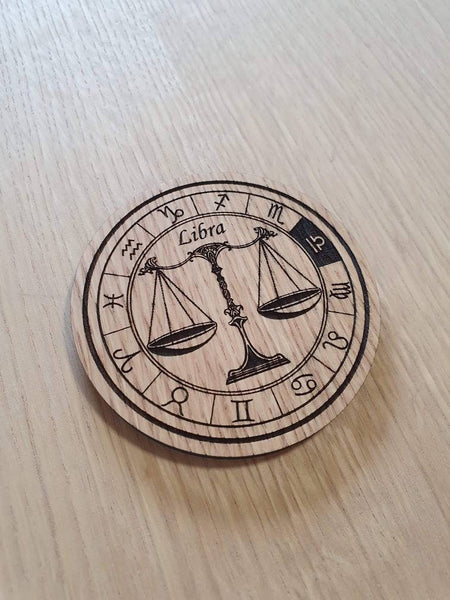 Laser cut wooden coaster personalised. Signs of the zodiac libra star sign