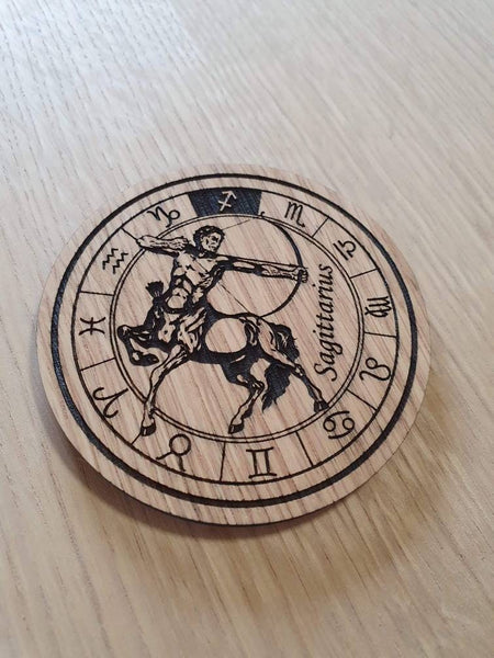 Laser cut wooden coaster personalised. Signs of the zodiac sagittarius star sign