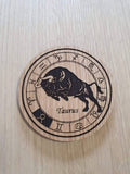 Laser cut wooden coaster personalised. Signs of the zodiac Taurus star sign