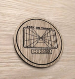 Laser cut wooden coaster personalised. stay on target