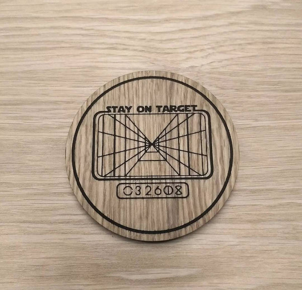 Laser cut wooden coaster personalised. stay on target