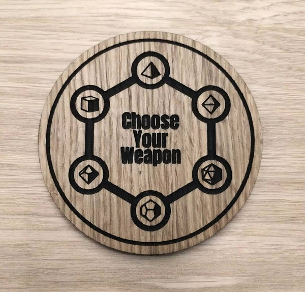 Laser cut wooden coaster personalised. Dungeon master fantasy role play dice die weapon
