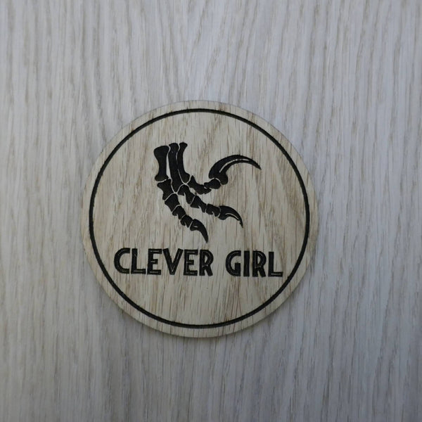 Laser cut wooden coaster personalised. clever girl raptor claw