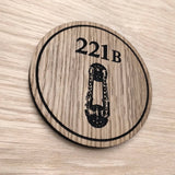 Laser cut wooden coaster personalised. Sherlock Holmes door knocker Baker Street 221B