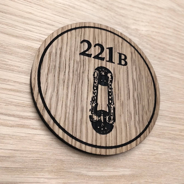 Laser cut wooden coaster personalised. Sherlock Holmes door knocker Baker Street 221B