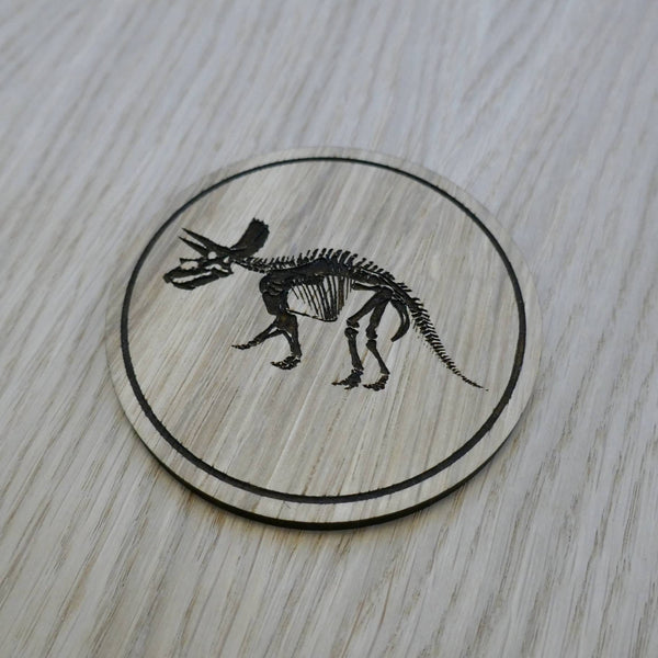 Laser cut wooden coaster personalised. Triceratops Dinosaur Skeleton Fossil