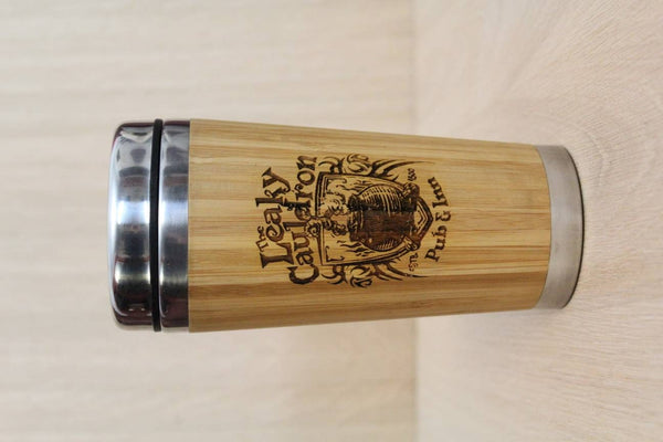 Lasercut Travel Mug personalised - S-Steel with 100% Bamboo exterior - Leaky cauldron