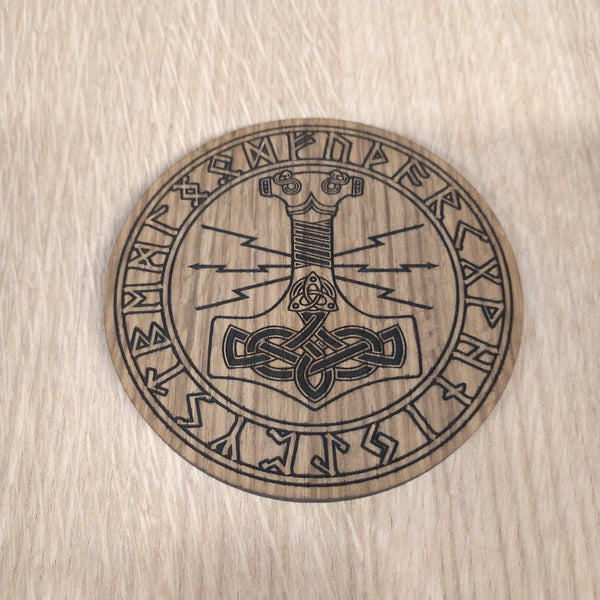 Laser cut wooden coaster personalised. Thor Hammer Mjolnir Nordic Viking