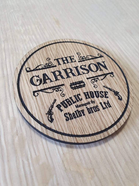 Laser cut wooden coaster personalised. Garrison pub Shelby bros