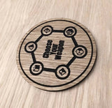 Laser cut wooden coaster personalised. Dungeon master fantasy role play dice die weapon