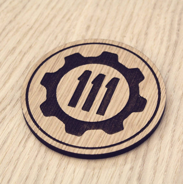 Laser cut wooden coaster personalised. vault 111