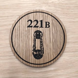 Laser cut wooden coaster personalised. Sherlock Holmes door knocker Baker Street 221B