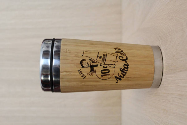 Lasercut Travel Mug personalised - S-Steel with 100% Bamboo exterior - nuka cola