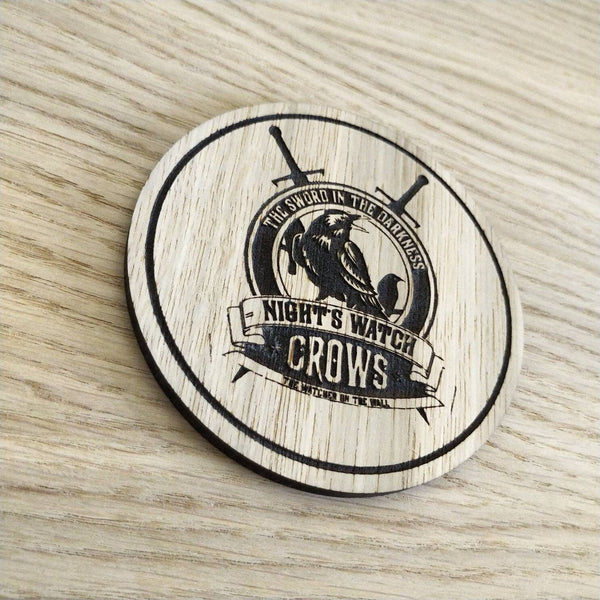 Laser cut wooden coaster personalised. nights watch crow sword in the darkness