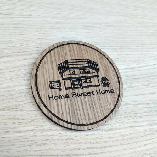 Laser cut wooden coaster personalised. 8bit video game home sweet home