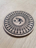 Laser cut wooden coaster personalised. Egyptian eye of Ra