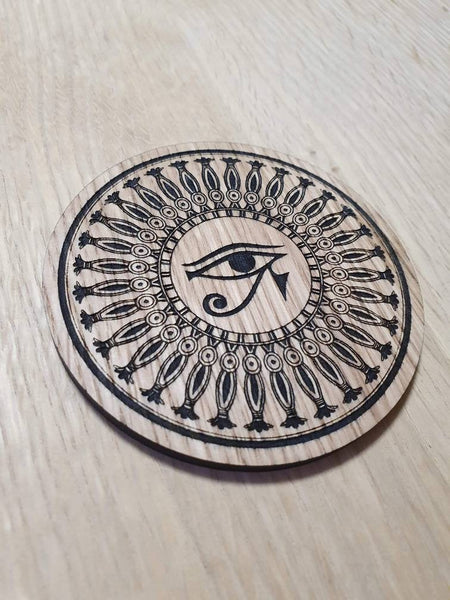 Laser cut wooden coaster personalised. Egyptian eye of Ra
