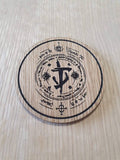 Laser cut wooden coaster personalised. eternal preator coin