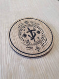 Laser cut wooden coaster personalised. eternal preator coin