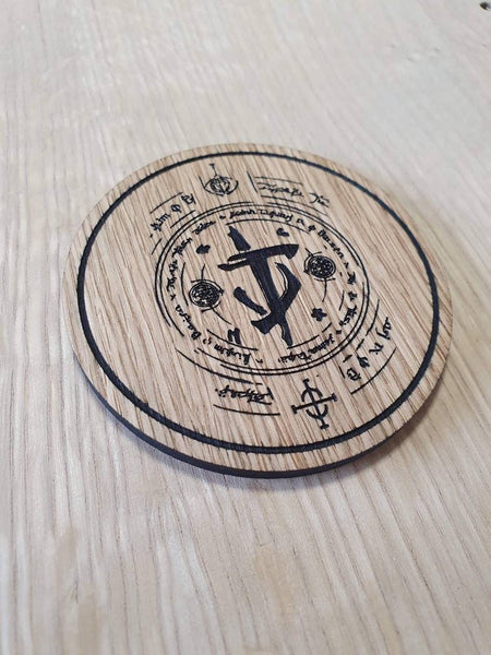 Laser cut wooden coaster personalised. eternal preator coin