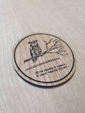Laser cut wooden coaster personalised. Ellie sketchbook Joel coffee mug owl quote