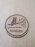 Laser cut wooden coaster personalised. Ellie sketchbook Joel coffee mug owl quote