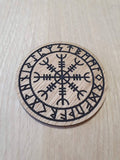Laser cut wooden coaster personalised. Aegishjalmur Nordic Viking symbol of victory and protection