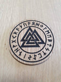 Laser cut wooden coaster personalised. Valknut Odins knot Nordic Viking
