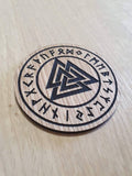 Laser cut wooden coaster personalised. Valknut Odins knot Nordic Viking