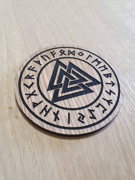 Laser cut wooden coaster personalised. Valknut Odins knot Nordic Viking