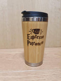 Lasercut Travel Mug personalised - S-Steel with 100% Bamboo exterior - Espresso Patronum