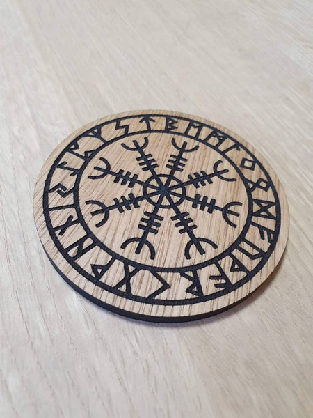 Laser cut wooden coaster personalised. Aegishjalmur Nordic Viking symbol of victory and protection