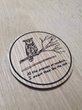 Laser cut wooden coaster personalised. Ellie sketchbook Joel coffee mug owl quote
