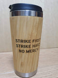 Lasercut Travel Mug personalised - S-Steel with 100% Bamboo exterior - karate strike first hard