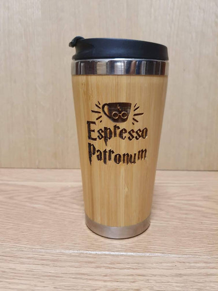 Lasercut Travel Mug personalised - S-Steel with 100% Bamboo exterior - Espresso Patronum