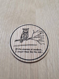 Laser cut wooden coaster personalised. Ellie sketchbook Joel coffee mug owl quote