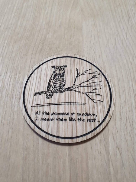 Laser cut wooden coaster personalised. Ellie sketchbook Joel coffee mug owl quote