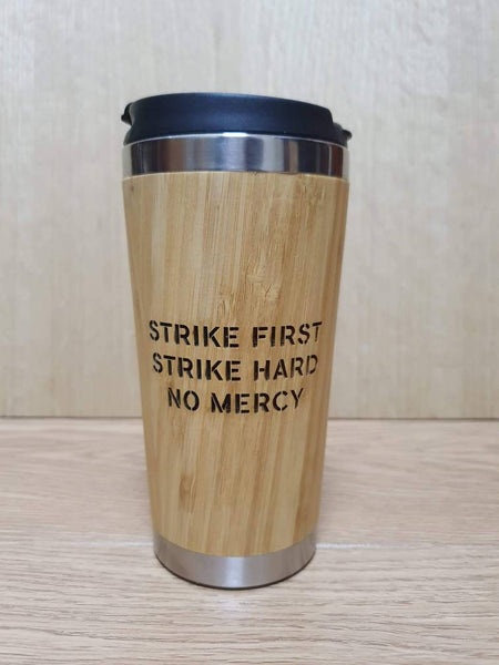 Lasercut Travel Mug personalised - S-Steel with 100% Bamboo exterior - karate strike first hard