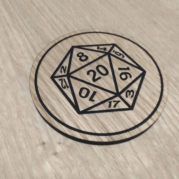 Laser cut wooden coaster personalised. Dungeon master D20 20 at centre