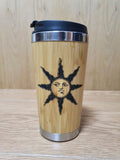 Lasercut Travel Mug personalised - S-Steel with 100% Bamboo exterior - Dark Souls Sun