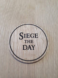 Laser cut wooden coaster personalised. King of Avalon siege the day