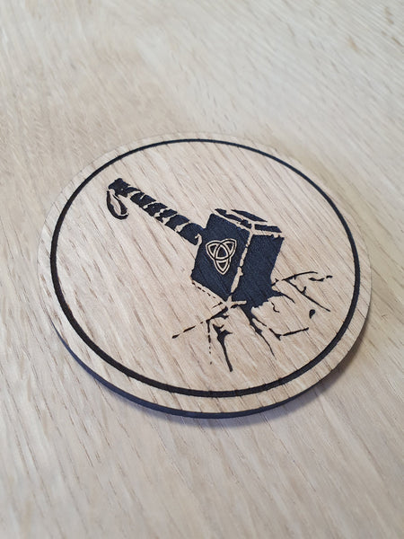 Laser cut wooden coaster personalised. Mjolnir