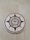 Laser cut wooden coaster personalised. sir francis drake magna sic parvis compass