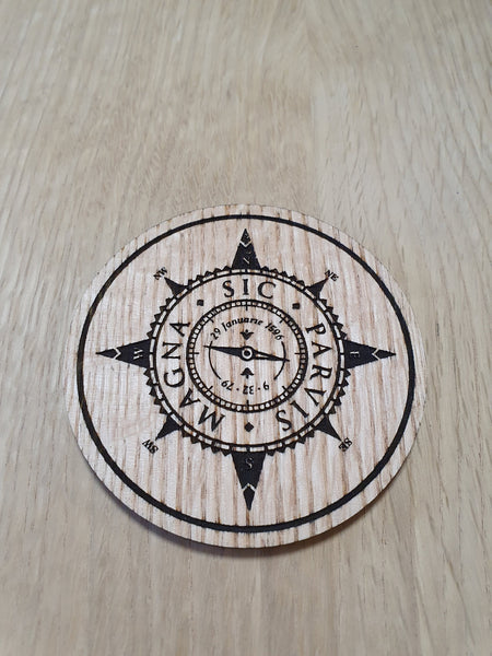 Laser cut wooden coaster personalised. sir francis drake magna sic parvis compass