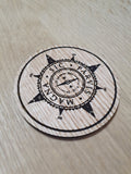 Laser cut wooden coaster personalised. sir francis drake magna sic parvis compass