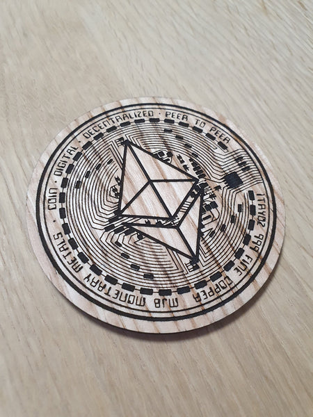 Ethereum ETH Coin Laser Cut Oak Coaster: Crypto Gift