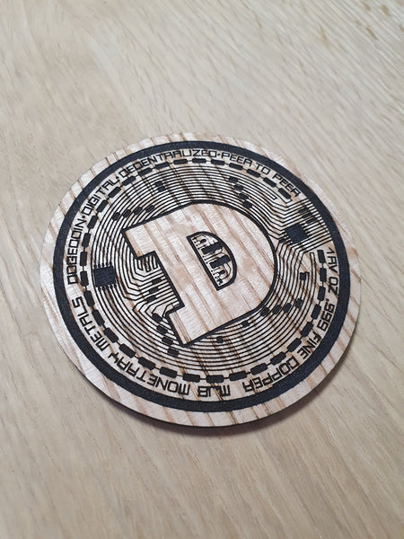 Laser Cut Dogecoin Coaster: Oak Veneer Cryptocurrency Gift