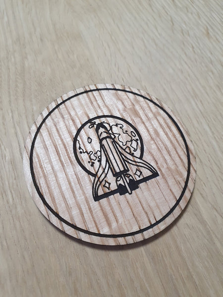 Laser cut wooden coaster personalised. Ellie Space Shuttle pin